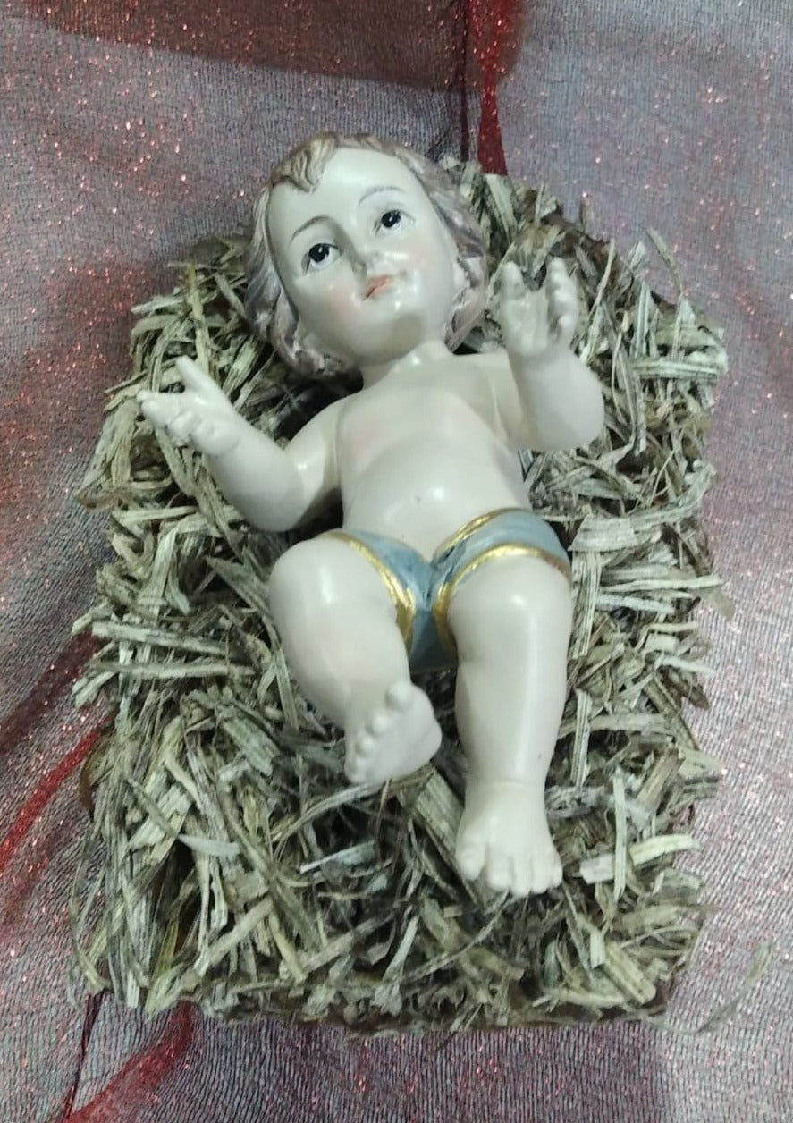 Figura religiosa nacimiento Niño Jesús en cuna de paja 11 cm.