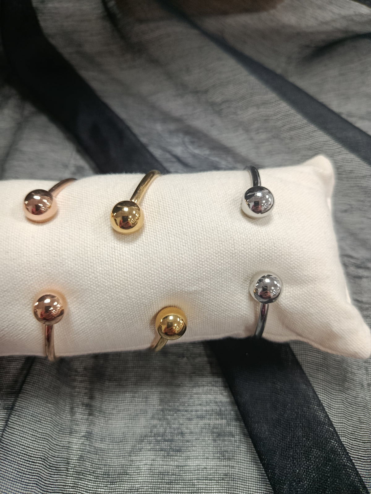 Pulsera brazalete dos bolas flexible, dorado, plateado y dorado rosa, acero, Moments