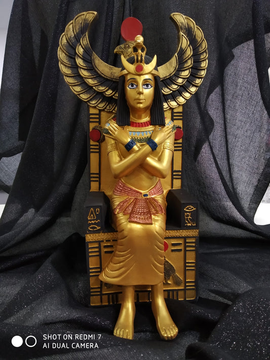 Figura Egipto Isis sentada, resina dorada 30cm.