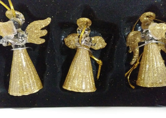 Decoración Set 3 ángeles cristal dorado brillo 6cm.