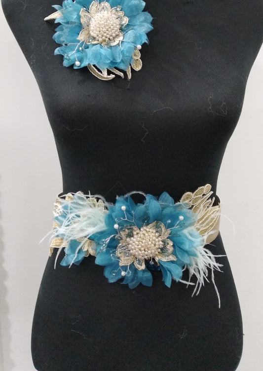Cinturón, aguamarina, plumas, perlas y cristal