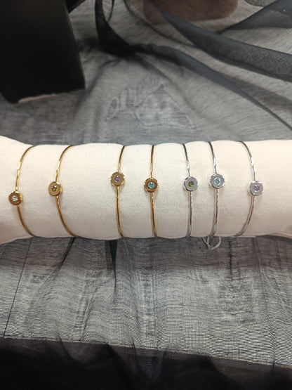 Pulsera rígida acero, círculo con cristal en color, transparente, azul, verde y morado, Moments