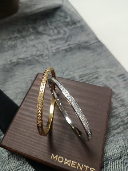 Brazalete rígido acero, plateado y dorado, con cristal, Moments